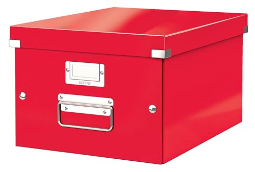 Leitz Click & Store Aufbewahrungsbox mit Deckel Mittel-Groß, Box für Unterlagen bis A4 im Büro u. Haushalt, Transportbox aus 85 % recycelter Premium-Hartpappe, Stabile Metallgriffe, Rot, 60440026 von Leitz