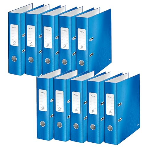 Leitz Qualitäts-Ordner 180 Grad, 10er Pack, A4, 8 cm Rückenbreite, laminierte Graupappe, Blau, WOW Serie, Design kann variieren, 10050036 von Leitz