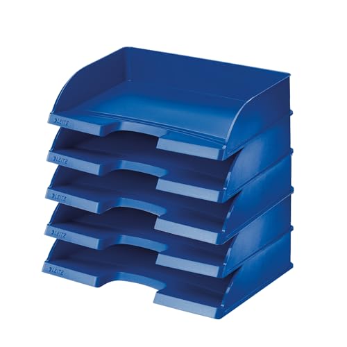 Leitz Briefkorb Querformat A4, 5er Pack, Briefablage in Premium-Qualität, Stapelbare Ablagefächer als Schreibtisch-Organizer, Kombinierbar mit Plus-Serie, Blau, 52180035 von Leitz