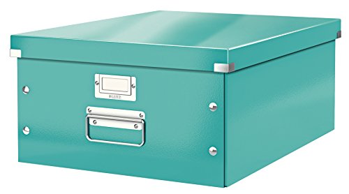 Leitz Click & Store Aufbewahrungsbox mit Deckel Groß, Box für Unterlagen bis A3 im Büro oder Haushalt, Transportbox aus 85 % recycelter Premium-Hartpappe, Stabile Metallgriffe, Eisblau, 60450051 von Leitz