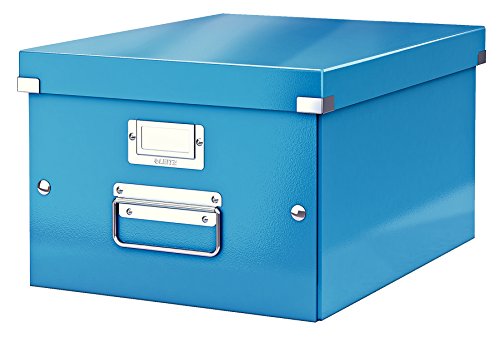 Leitz Click & Store Aufbewahrungsbox mit Deckel Mittel-Groß, Box für Unterlagen bis A4 im Büro u. Haushalt, Transportbox aus 85 % recycelter Premium-Hartpappe, Stabile Metallgriffe, Blau, 60440036 von Leitz