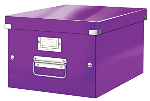 Leitz Click & Store Aufbewahrungsbox mit Deckel Mittel-Groß, Box für Unterlagen bis A4 im Büro u. Haushalt, Transportbox aus 85 % recycelter Premium-Hartpappe, Stabile Metallgriffe, Violett, 60440062 von Leitz