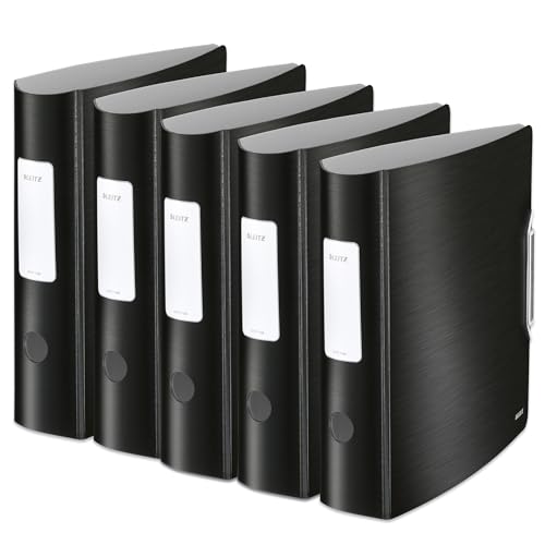 Leitz Qualitäts-Ordner 180° Active Style, 5er Pack, A4, Satin Schwarz, Abgerundeter Rücken mit 8,2 cm Rückenbreite, Gummibandverschluss, Leichtes Polyfoam, 11080094 von Leitz