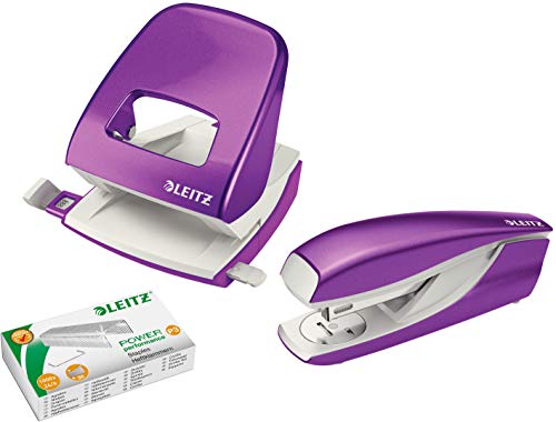 Leitz 5008 NeXXt Series WOW Bürolocher, Metall, bis zu 30 Blatt/Kombi-Set mit Heftgerät + 1000 Klammern extra (Violett Metallic) von Leitz