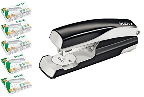 Leitz 55020095 Büroheftgerät NeXXt Series, Metall, 30 Blatt, inclusive 5 Päckchen Heftklammen mit je 1.000 Stück (schwarz, mit Heftklammern) von Leitz