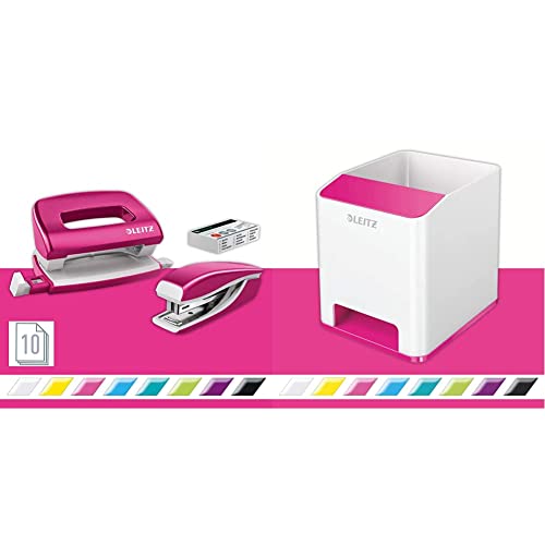 Leitz 55996023 Mini-Heftgerät-und Locher-Set (für bis zu 10 Blatt, Inkl. Heftklammern, WOW) metallic pink & Sound Stifteköcher mit Soundverstärkungsfunktion, Weiß/Pink, Duo Colour, WOW, 53631023 von Leitz