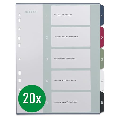 Leitz A4 Register, 20er Pack, 1-5, 5 Trennblätter, Beschriftbares Deckblatt, Extrabreit, PP, Style, Mehrfarbig, 12350000 von Leitz