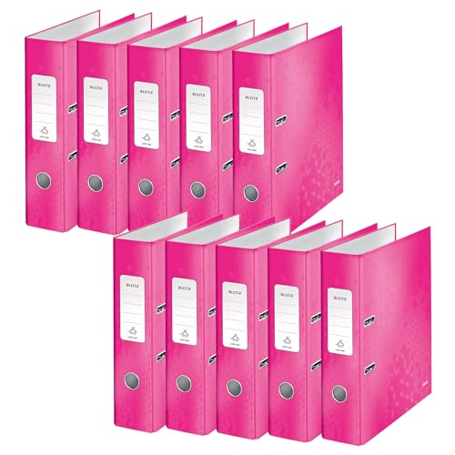 Leitz Qualitäts-Ordner 180°, 10er Pack, A4, 8 cm Rückenbreite , laminierte Graupappe, Pink, WOW Serie, Design kann variieren, 10050023 von Leitz