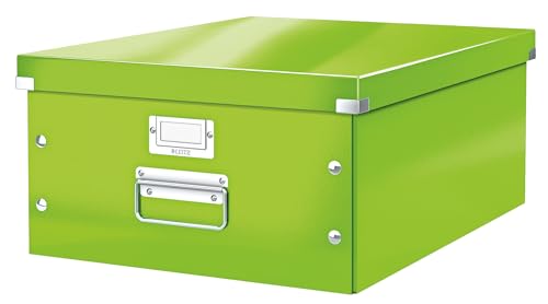 Leitz Click & Store Aufbewahrungsbox mit Deckel Groß, Box für Unterlagen bis A3 im Büro oder Haushalt, Transportbox aus 85 % recycelter Premium-Hartpappe, Stabile Metallgriffe, Grün, 60450054 von Leitz