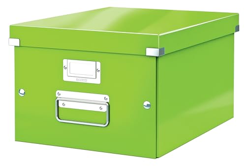 Leitz Click & Store Aufbewahrungsbox mit Deckel Mittel-Groß, Box für Unterlagen bis A4 im Büro u. Haushalt, Transportbox aus 85 % recycelter Premium-Hartpappe, Stabile Metallgriffe, Grün, 60440054 von Leitz