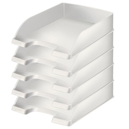 Leitz Briefkorb Standard A4, 5er Pack, Briefablage in Premium-Qualität, Stapelbare Ablagefächer als Schreibtisch-Organizer, Arktik Weiß, Style-Serie, 52540004 von Leitz