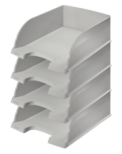 Leitz Briefkorb A4 Jumbo, 4er Pack, Briefablage mit extra großem Fassungsvermögen in Premium-Qualität, Stapelbare Ablagefächer als Schreibtisch-Organizer, Kombinierbar mit Plus-Serie, Grau, 52330085 von Leitz