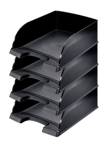 Leitz Briefkorb A4 Jumbo 4er Pack, Briefablage mit extra großem Fassungsvermögen in Premium-Qualität, Stapelbare Ablagefächer als Schreibtisch-Organizer, Kombinierbar mit Plus-Serie, Schwarz, 52330095 von Leitz