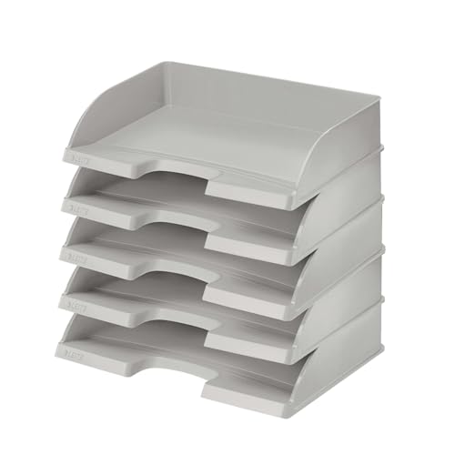 Leitz Briefkorb Querformat A4, 5er Pack, Briefablage in Premium-Qualität, Stapelbare Ablagefächer als Schreibtisch-Organizer, Kombinierbar mit Plus-Serie, Grau, 52180085 von Leitz