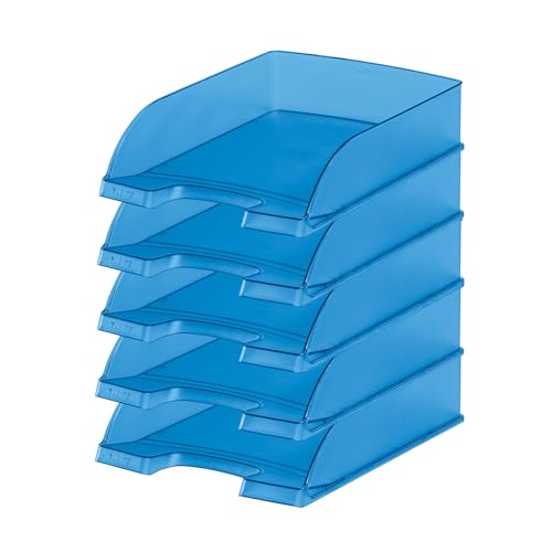 Leitz Briefkorb Standard A4, 5er Pack, Briefablage in Premium-Qualität, Stapelbare Ablagefächer als Schreibtisch-Organizer, Kombinierbar mit Plus-Serie, Blau Frost, 52270034 von Leitz