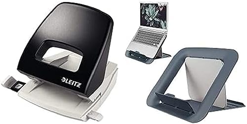 Leitz Büro Locher aus Metall, Für 25 Blatt, Anschlagschiene mit Formatangaben, Ergonomisches Design, schwarz, NeXXt-Serie, 50050095 + Höhenverstellbarer Laptopständer von Leitz