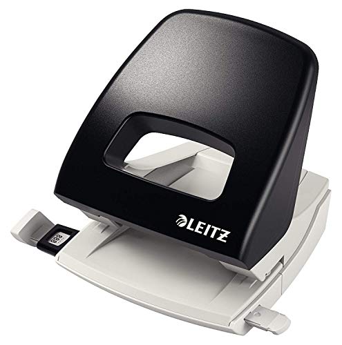 Leitz Büro Locher aus Metall, Für 25 Blatt, Anschlagschiene mit Formatangaben, Ergonomisches Design, schwarz, NeXXt-Serie, 50050095 von Leitz