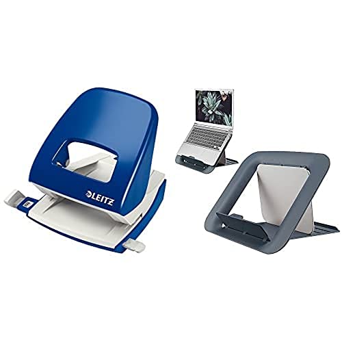 Leitz Büro Locher aus Metall, Für 30 Blatt, Anschlagschiene mit Formatangaben, Ergonomisches Design, blau, 50080035 + Höhenverstellbarer Laptopständer von Leitz