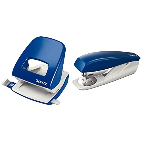 Leitz Büro Locher aus Metall, Für 30 Blatt, Anschlagschiene mit Formatangaben, Ergonomisches Design, blau, 50080035 & Kleines Büroheftgerät, Für 25 Blatt, Ergonomische Form, Blau von Leitz