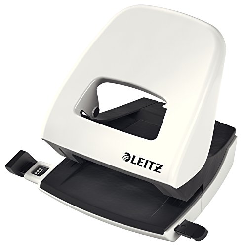 Leitz Büro Locher aus Metall, Für 30 Blatt, Anschlagschiene mit Formatvorgaben, Ergonomisches Design, Weiß, WOW-Serie, 50081001 von Leitz