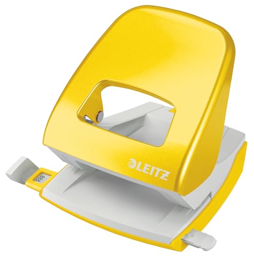 Leitz Büro Locher aus Metall, Für 30 Blatt, Anschlagschiene mit Formatvorgaben, Ergonomisches Design, gelb, WOW-Serie, 50081016 von Leitz