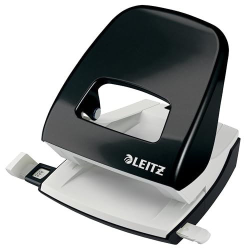 Leitz Büro Locher aus Metall, Für 30 Blatt, Anschlagschiene mit Formatvorgaben, Ergonomisches Design, schwarz, WOW-Serie, 50081095 von Leitz