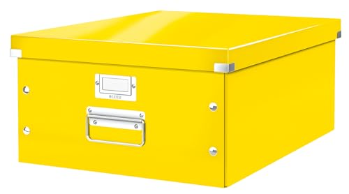 Leitz Click & Store Aufbewahrungsbox mit Deckel Groß, Box für Unterlagen bis A3 im Büro oder Haushalt, Transportbox aus 85 % recycelter Premium-Hartpappe, Stabile Metallgriffe, Gelb, 60450016 von Leitz