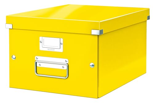 Leitz Click & Store Aufbewahrungsbox mit Deckel Mittel-Groß, Box für Unterlagen bis A4 im Büro u. Haushalt, Transportbox aus 85 % recycelter Premium-Hartpappe, Stabile Metallgriffe, Gelb, 60440016 von Leitz