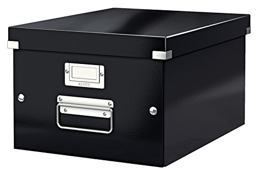 Leitz Click & Store Aufbewahrungsbox mit Deckel Mittel-Groß, Box für Unterlagen bis A4 im Büro u. Haushalt, Transportbox aus 85 % recycelter Premium-Hartpappe, Stabile Metallgriffe, Schwarz, 60440095 von Leitz