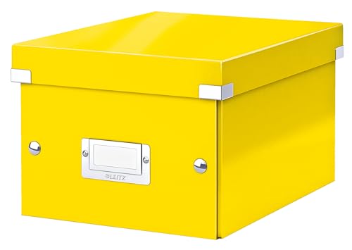 Leitz Click & Store Aufbewahrungsbox mit Deckel Klein, Box für Unterlagen bis A5 im Büro u. Haushalt, Transportbox aus 84% recycelter Premium-Hartpappe, Etikettenhalter, Gelb, 60430016 von Leitz