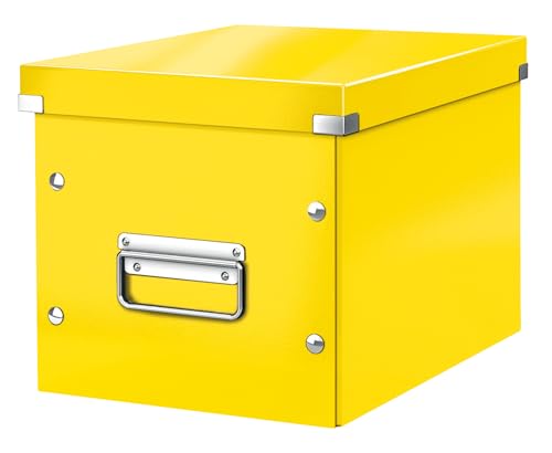 Leitz Click & Store Aufbewahrungsbox mit Deckel Mittel-Groß, Würfelbox für Regale im Wohnzimmer oder Büro, Transportbox aus 80 % recycelter Premium-Hartpappe, Stabile Metallgriffe, Gelb, 61090016 von Leitz