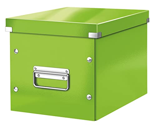 Leitz Click & Store Aufbewahrungsbox mit Deckel Mittel-Groß, Würfelbox für Regale im Wohnzimmer oder Büro, Transportbox aus 80 % recycelter Premium-Hartpappe, Stabile Metallgriffe, Grün, 61090054 von Leitz