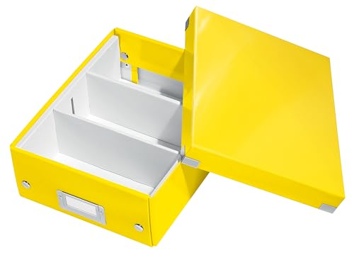 Leitz Click & Store Aufbewahrungsbox mit Deckel Klein, Box mit Trennwänden für Zubehör im Büro oder Utensilien im Haushalt, Transportbox aus 84 % recycelter Premium-Hartpappe, Gelb, 60570016 von Leitz