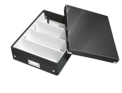 Leitz Click & Store Aufbewahrungsbox mit Deckel Mittel-Groß, Box mit Trennwänden für Zubehör im Büro oder Utensilien im Haushalt, Transportbox aus 85 % recycelter Premium-Hartpappe, Schwarz, 60580095 von Leitz