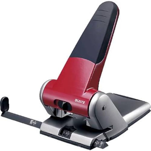 Leitz Extrastarker Registraturlocher aus Metall, Für 65 Blatt, Großer Locher für das Büro, Anschlagschiene mit Formatangaben, Ergonomisches Design, rot, 51800025 von Leitz