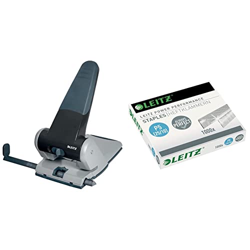 Leitz Extrastarker Registraturlocher aus Metall, Für 65 Blatt, Großer Locher für das Büro, schwarz, 51800095 & Power Performance Heavy-Duty Heftklammern P5, Verzinkt, Box mit 1000 Heftklammern von Leitz