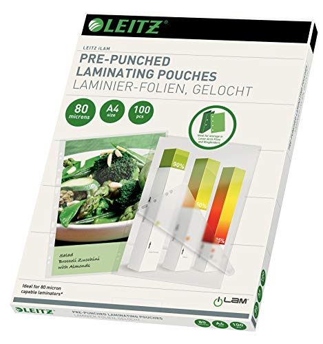 Leitz Heißlaminierfolien A4 80 mic, mit Lochung für Ordner und Ringbücher (2-/4-fach), Hochwertige Laminierfolien im 100er Pack, Glänzend, Transparent, 16918 von Leitz