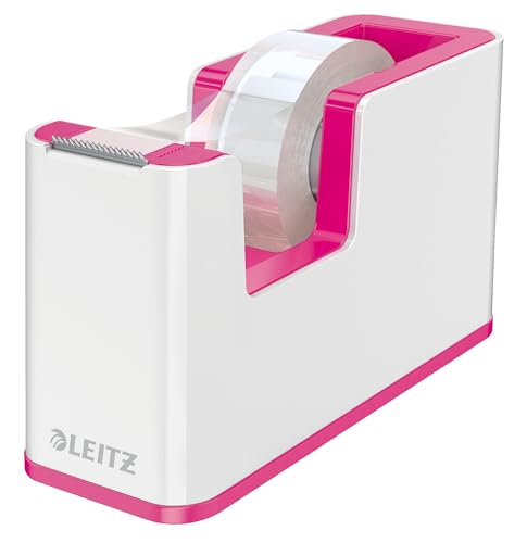 Leitz Klebeband-Tischabroller, Fester Stand, Klebebandabroller inkl. Klebeband, Weiß/Pink, Duo Colour, WOW, 53641023 von Leitz