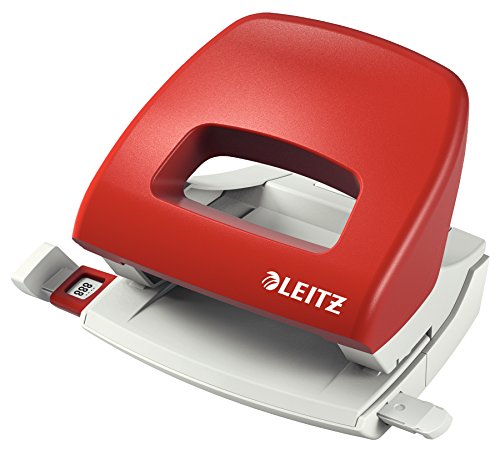 Leitz Kleiner Büro Locher aus Metall, 16 Blatt, Anschlagschiene mit Formatangaben, Ergonomisches Design, rot, 50386025 von Leitz