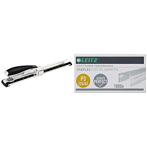 Leitz Langarm-Büroheftgerät aus Metall, Für 40 Blatt, Inkl. Heftklammern, Schwarz, NeXXt-Serie, 55600095 & Power Performance Heftklammern P3 (24/6), 1000 Stück, Verzinkt, 55700000 von Leitz