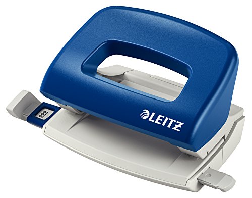 Leitz Mini Büro Locher aus Metall, kleiner Locher für 10 Blatt, Anschlagschiene mit Formatangaben, Ergonomisches Design, blau, 50580035 von Leitz