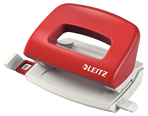 Leitz Mini Büro Locher aus Metall, kleiner Locher für 10 Blatt, Anschlagschiene mit Formatangaben, Ergonomisches Design, rot, 50580025 von Leitz