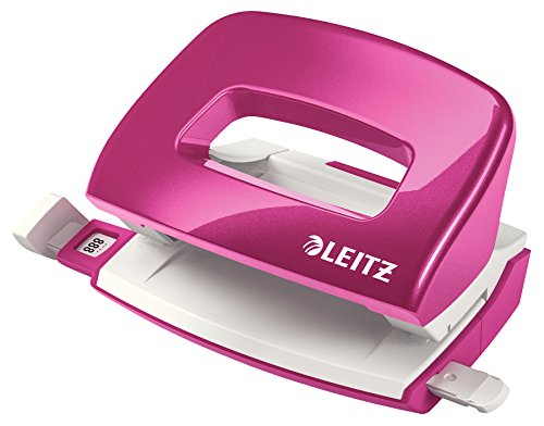 Leitz Mini Locher aus Metall, kleiner Locher für 10 Blatt, Metall, Anschlagschiene mit Formatangaben, Ergonomisches Design, Pink, WOW-Serie, 50601023 von Leitz