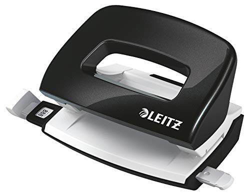 Leitz Mini Locher aus Metall, kleiner Locher für 10 Blatt, Metall, Anschlagschiene mit Formatangaben, Ergonomisches Design, schwarz, WOW-Serie, 50601095 von Leitz