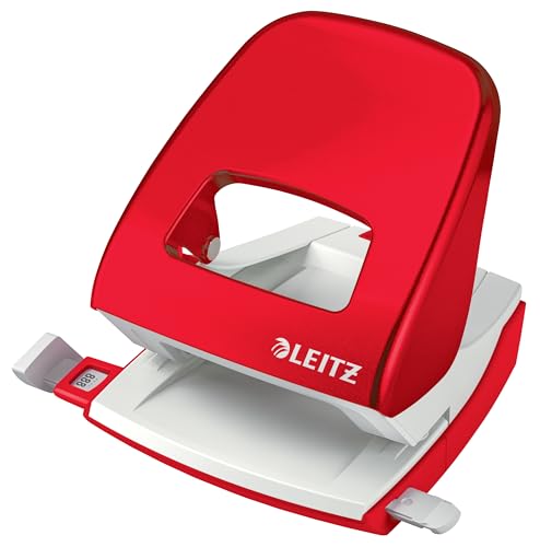 Leitz Büro Locher aus Metall, Für 30 Blatt, Anschlagschiene mit Formatvorgaben, Für Büro, Home Office & Schule, Metallic-Rot, WOW-Serie, 50081026 von Leitz