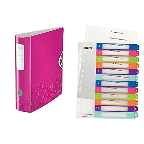 Leitz Set Qualitäts-Ordner 180° Active WOW A4, Breit, 8,2 cm, Gummibandverschluss, Pink + Leitz Register für A4, PC-beschriftbares Deckblatt, und 12 Trennblätter, WOW Serie, 11060023 + 12440000 von Leitz