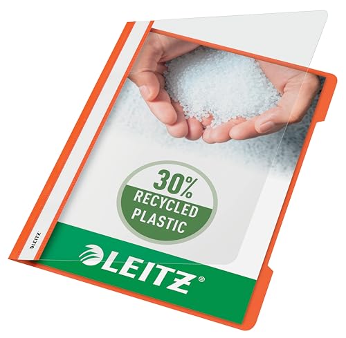 Leitz A4 Standard Schnellhefter, 25er Pack, 30% Pre-Consumer Recycling-Kunststoff, Hefter für A4-Blätter, 60 Blatt Kapazität, Ideal als Dokumententasche für Schule oder Büro, Orange, 41910045 von Leitz