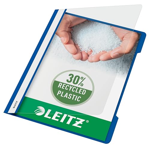 Leitz A4 Standard Schnellhefter, 25er Pack, 30% Pre-Consumer Recycling-Kunststoff, Hefter für A4-Blätter, 60 Blatt Kapazität, Ideal als Dokumententasche für Schule, Haushalt oder Büro, Blau, 41910035 von Leitz