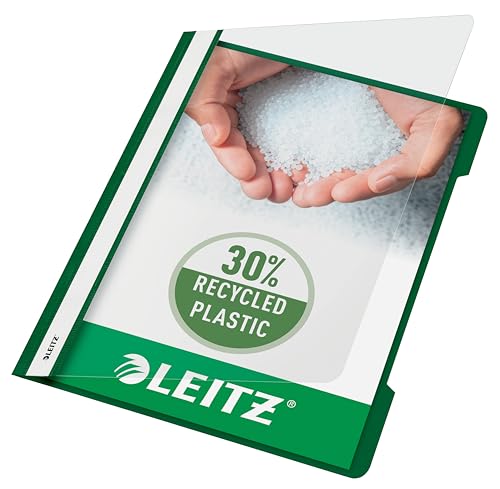 Leitz A4 Standard Schnellhefter, 25er Pack, 30% Pre-Consumer Recycling-Kunststoff, Hefter für A4-Blätter, 60 Blatt Kapazität, Ideal als Dokumententasche für Schule, Haushalt oder Büro, Grün, 41910055 von Leitz