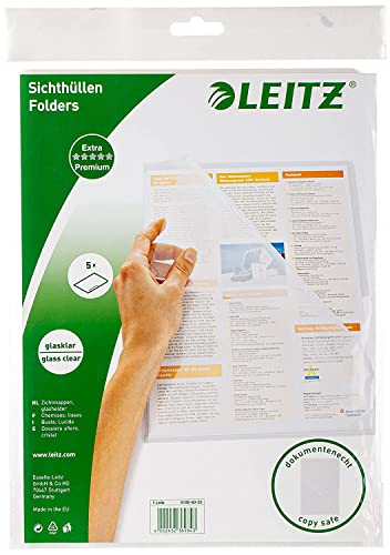 Leitz Premium Sichthüllen-Set, 5 Stück, A4 Format, Farblos mit glänzender Oberfläche, 0,15 mm PVC-Hartfolie, Dokumentenecht, 41006003 von Leitz